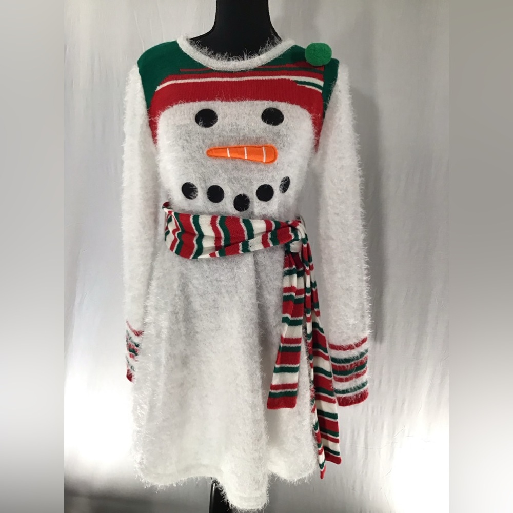 New ⛄️ Born Famous White Christmas Snowman Stretchy Cute Holiday Sweater Dress - Picture 3 of 16